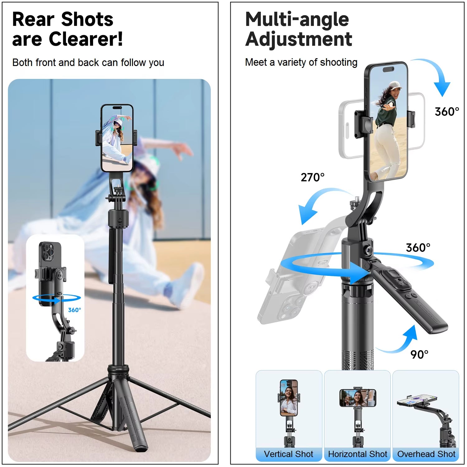 Extendable Auto Face Tracking Tripod 360° Rotation, No App, 64" Motion Sensor Phone Holder Stand Camera Mount for Videos Vlogs